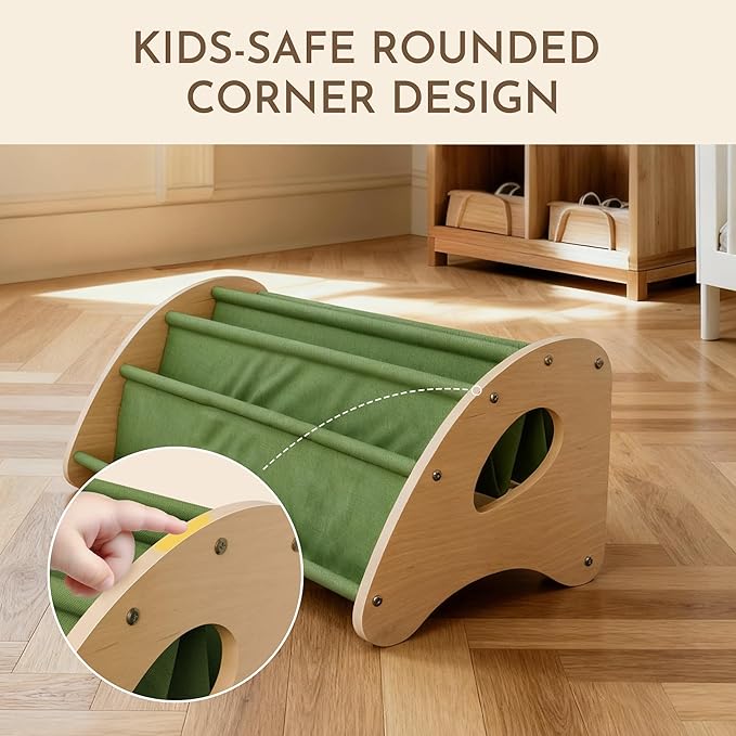 Toddler Bookshelf,4-Tier Book Rack Organizer with Fabric Storage Pockets, Wooden Bookshelves with Open Forward Display, Montessori Book Shelf for Nursery/Playroom, Natural/Green