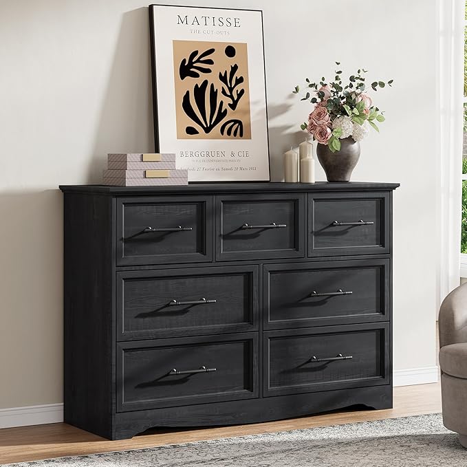 Black Dresser for Bedroom, Modern 7 Chest of Drawers, 47" Wide Chest of Drawers w/Brushed Metal Handle, Wood Closet Organizers and Storage Cabinet for Bedroom, Living Room, Hallway