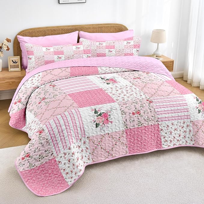Quilt Set King Size, Pink Patchwork Flowers 3 Pcs Soft Bed Cover Bedding Set, Garden Floral Lightweight Bedspread Coverlet with 2 Pillow Sham for All Season