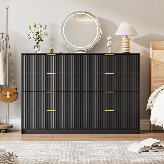 Dresser for Bedroom, 8 Drawer Double Dresser, Modern Chest of Drawers for Bedroom, Living Room, Entryway and Closet, 55" L x 15.7" D x 37.4" H, Black