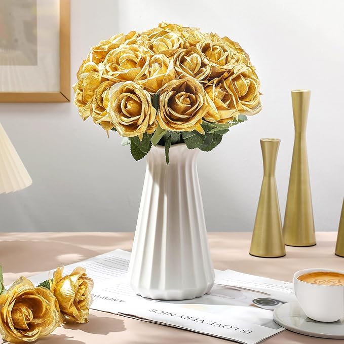 30 Pcs Rose Artificial Flowers in Bulk Real Touch Long Stem Silk Roses Bouquets Realistic Faux Flowers for Wedding Bridal Shower Home Decor Floral Arrangements Table Centerpiece(Gold)