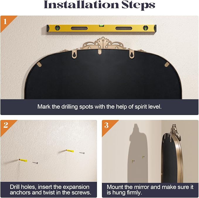 Gold Vintage Mirror, 24” x 40” Arched Ornate Baroque Mirror for Fireplace Mantel, Antique Brass Bathroom Mirrors for Wall with Metal Frame for Entryway, Bedroom, Living Room