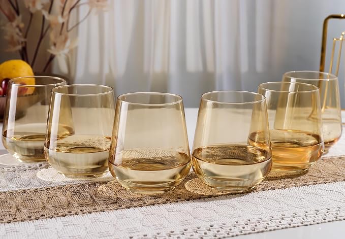 Amber Stemless Wine Glass Set of 6-17oz Wine Glasses, Stemless Drinking Glasses for Wine, Cocktails & Beverages - Elegant Glassware for Home, Bar & Holiday Use