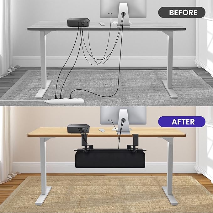Under Desk Cable Management Tray, Clamp-On Cord Organizer,No Drilling Required, Holds Up to 22 lbs, for Cords, Routers, Power Strips (Black, 28.4inch)