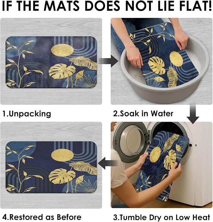 Boho Blue Shower Curtain Set with Toilet Lid Cover and Non-Slip Rugs, Abstract Gold Modern Tropical 4 Pcs Modern Minimalist Vintage Shower Curtain for Bathroom Set with 12 Hooks