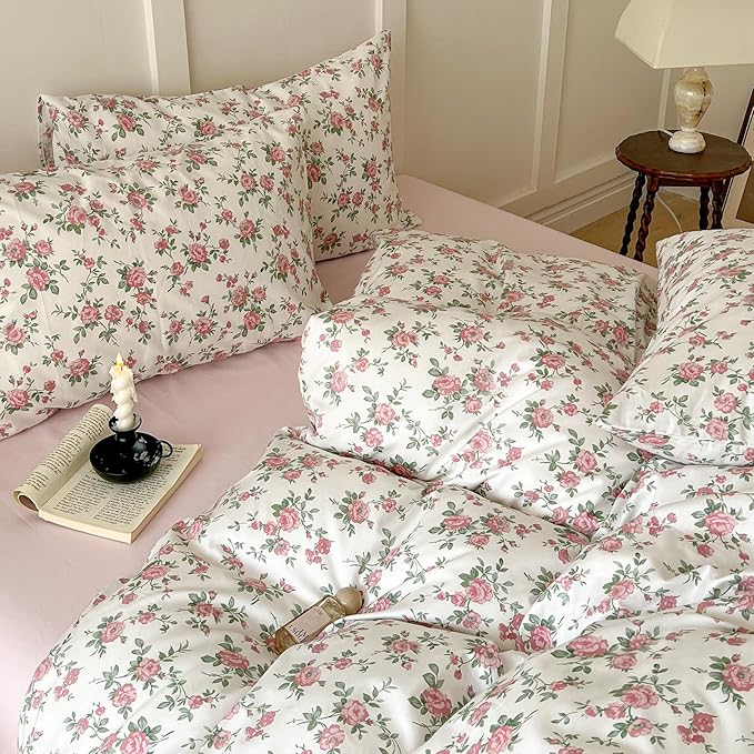 Girls Floral Duvet Cover Twin Pink White Floral Bedding Set Vintage Rose Flower Printed Duvet Cover Cotton Floral Comforter Cover Botanical Aesthetic Bedding Set 1 Twin Duvet Cover with 2 Pillowcases