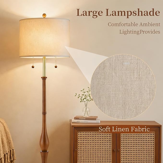 67.5'' Rustic Wooden Floor Lamp with Linen Shade, Farmhouse Standing Lamp for Living Room, Bedroom & Reading Nook, Warm Ambient Tall Lamp with Pull Chain (Brown)