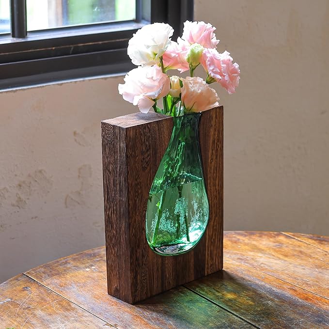 Wood and Glass Inlay Vases Farmhouse Wooden Glass Flower Vase Solid Wood Glass Vase Home Decor Vases for Centerpiece (9.29 Inches)