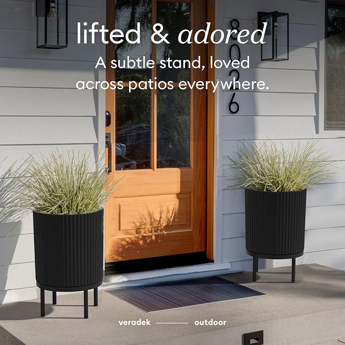 Veradek Demi Series Round Planter w/ Stand for Porch/Patio | Durable Plastic-Concrete & Wooden Stand | Modern Décor for Tall Plants, Flowers