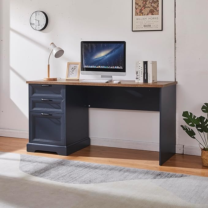 60" Farmhouse Executive Desk with Charging Station,Home Office Desk with 2 Drawers &1 File Cabinet,Wood Work Desk for Office and Home (Blue)