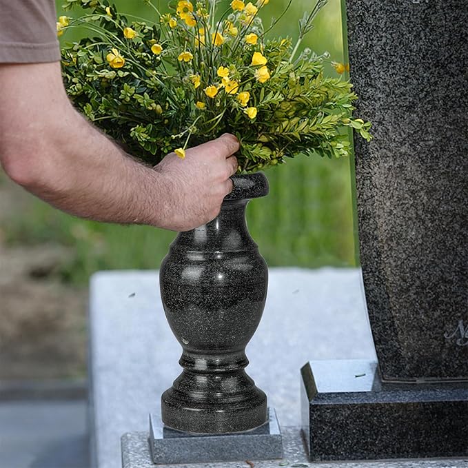 Cemetery Memorial Vase, Natural Granite Stone Flower Vases with Draining Holes for Home Tabletop, Cemetery Flowers, Memorial Grave Headstone Decorations (2Pcs, 10 Inches)