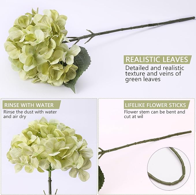 4 Pcs Long Stem Big Size Artificial Hydrangea Flowers for Home Wedding Decor, Party Centerpieces, Office Decoration,Shower (Lime Green)