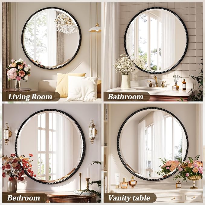 24 Inch Round Bathroom Mirror - Luxurious Retro Beaded Circle Decorative Wall Mirror with PU Frame Hanging Leaning as Art Decor for Entryway, Bedroom, Living Room, Hallway, Black