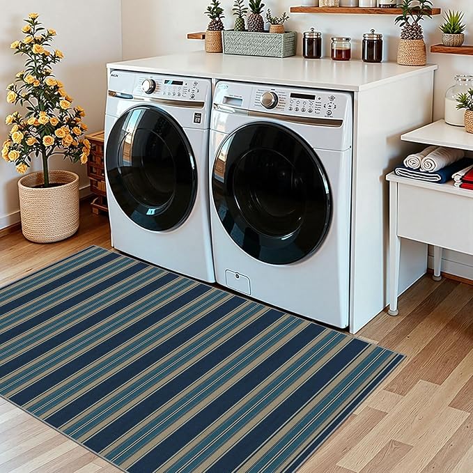 3x5 Striped Entry Rug - Small Washable Indoor Outdoor Mats for Front Door Non-Slip Porch Rug Navy Blue Coastal Throw Rugs for Bedroom Entryway Kitchen Office Welcome Layer Doormat Decor