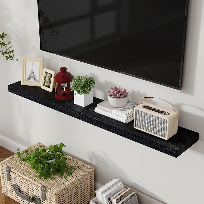 Axeman Floating Shelves, 8 Inch Deep Modern Solid Wood Wall Shelves for Storage, Wall Mounted Display Shelving with Invisible Heavy-Duty Metal Bracket, 48" W x 8" D x 1.6" H, Distressed Black