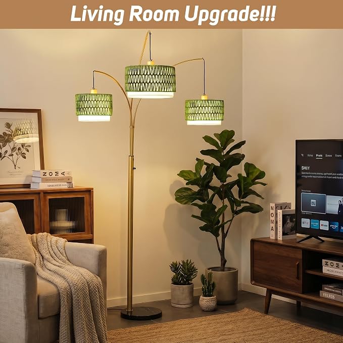 Arc Floor Lamp for Living Room, 80 Inch Gold Rattan Floor Lamp with Rotary Switch, 3 Lights Boho Tall Lamp with Green Wicker Shade for Coastal,Bohemian,Tree Farmhouse Standing Lamp