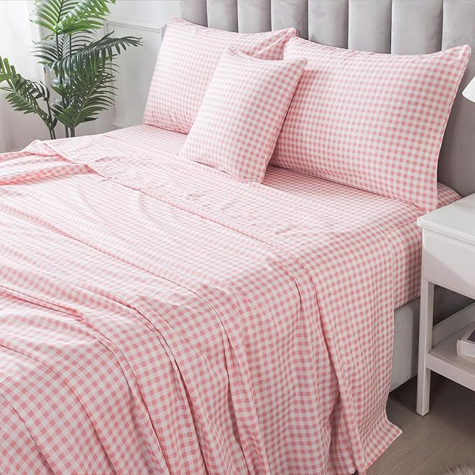 FADFAY Pink Plaid Twin Size Sheets 100% Cotton Geometric Checker Bedding Teens Grid White Gingham Pattern College Bedding Deep Pocket Sheets with 2 Pillowcases Ultra Soft 4pcs, Twin Size