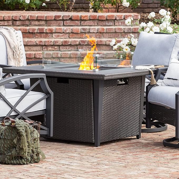 42'' Propane Fire Pit Table, 50,000 BTU Outdoor Gas Fire Table with Lid, Square Aluminum Fire Table with Wind Guard and Weather Cover, 2 in 1 Rattan Firepit Table for Outside Patio, Backyard, Gray