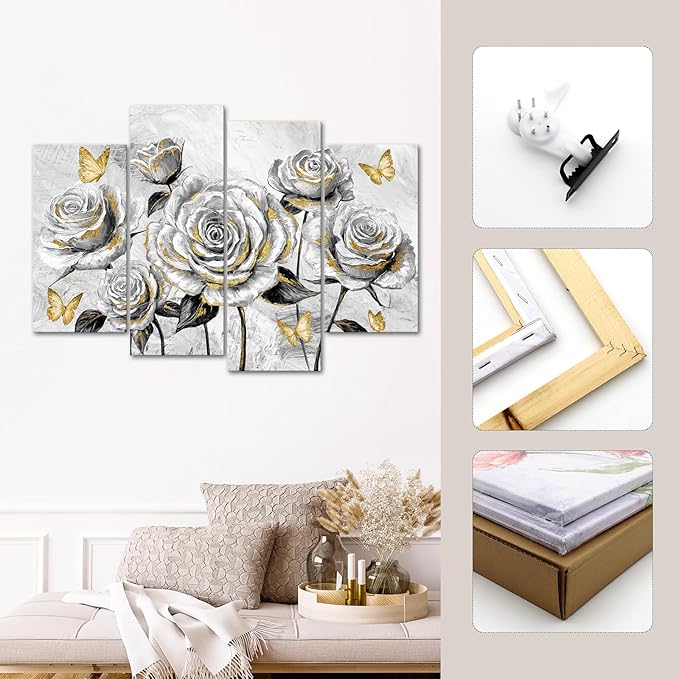 sechars Rose Wall Art Decor Grey and Gold Floral Pictures Painting Flower with Butterflies Canvas Prints Framed