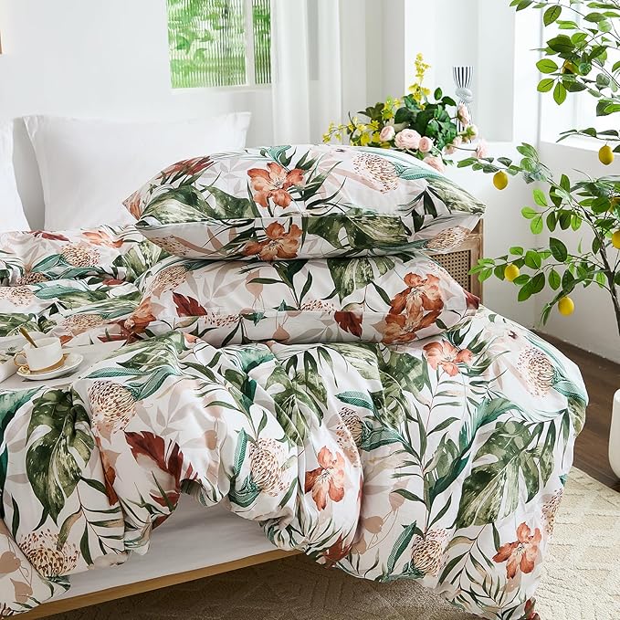 Bedding_Dreamer 100% Cotton Comforter Set Floral Queen Bedding Green Palm Leaf Comforter Set Botanical Home Decor 3 Pcs with 2 Pillowcases Reversible for All Season