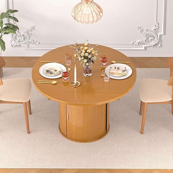 DHH 47"-63" Extendable Round Dining Table for 4–8 with Storage, Mid Century Modern Farmhouse Wood Oval Dinner Table with Pedestal Base for Kitchen, Living Room (Yellow Walnut)