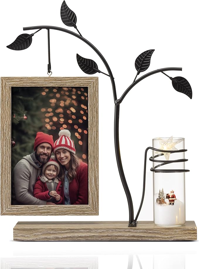 Afuly 4x6 Picture Frame Potted Plants Desk Photo Frames with Metal Stand Glass Vase, Rustic Double Sides Display Wood Frame Wedding Birthday Gifts for Couple Mom Grandma Women