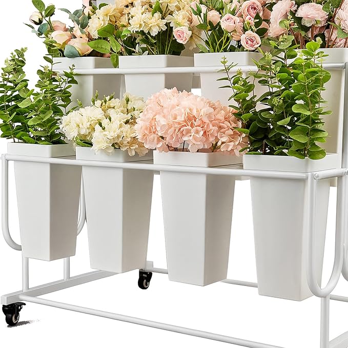 Flower Display Stand Frame, 4 -Tier Flower Cart with Wheels, Metal Floral Display Rack, Moving Florist Bouquet Shelf for Shop,Flower Bar, Events (White - 4 Tier)