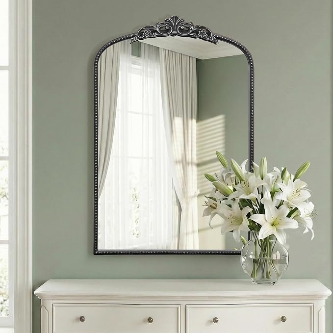 Micasso Vintage Wall Black Mirror: 24"x36" French Baroque Antique Mirror - Traditional Ornate Decorative Arched for Wall/Bathroom/Entryway/Fireplace/Hallway/Living Room - Home Decor for Bathroom