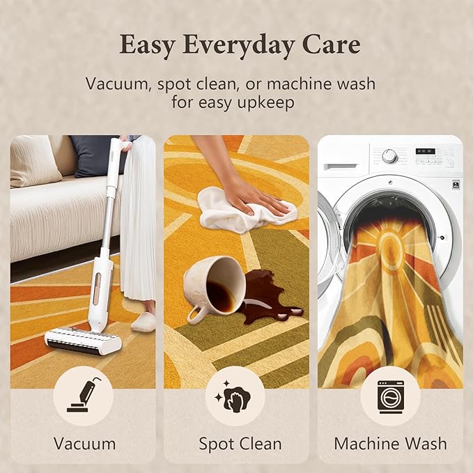 Golden Sunburst Area Rug 6x8, Mid Century Modern Retro Geometric Rug, 70s Style Abstract Washable Low Pile Non Slip Rug for Living Room Bedroom