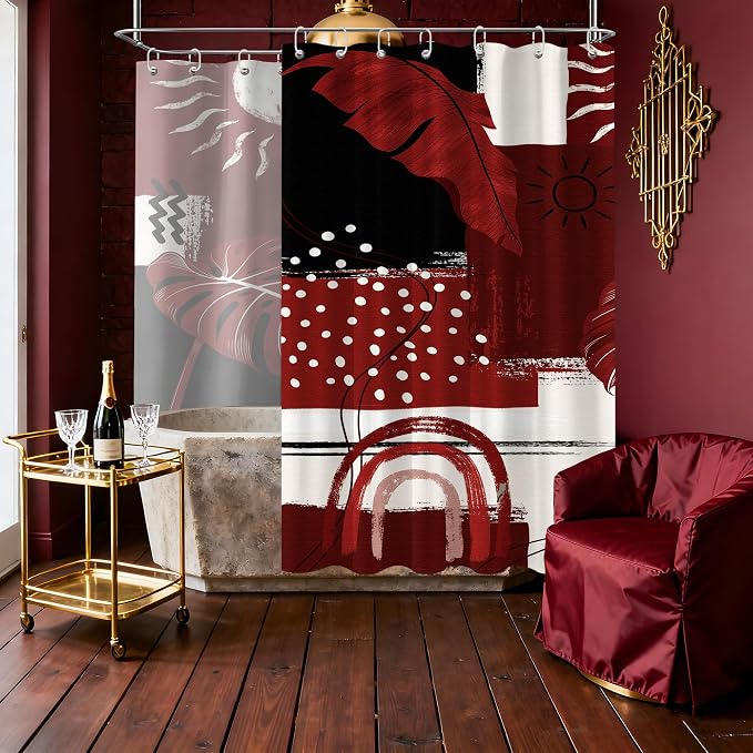 Extra Long Shower Curtain Extra Tall Black and Red XL Burgundy Tropical Leaf Shower Curtains for Large Bathroom Decor Sets, Waterproof Cloth Fabric with Hooks, 108x72 Inch