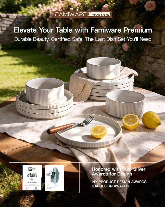 24-Piece Dinnerware Set for 8, Famiware Premium Stoneware Dish Set with Ribbed Plates and Deep Bowls, Double Reactive Glaze, Chip & Scratch Resistant, Microwave & Dishwasher Safe, Matte Reactive White