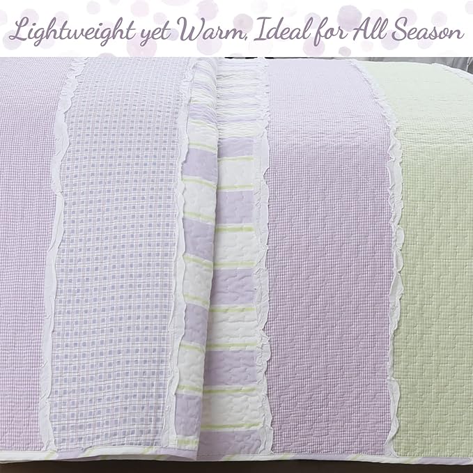 Cozy Line Home Fashions Lavender Green Stripe Dots Girl 100% Cotton Reversible Quilt Bedding Set, All-Season Coverlet Bedspread (Purple Dots, Twin - 2 Piece)
