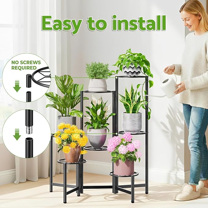 7 Tier Metal Patio Plant Stand Outdoor, Heavy Duty Flower Stands for Indoor Plants, Floding Tall Corner Shelf for Diaplay Racks for Home Decor, Graden, Balcony -BlackDiamond