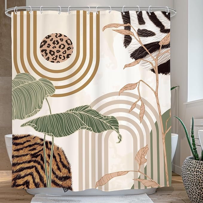 Glawry Green Abstract Shower Curtain Boho Tropical Leaves Palm Leaf Mid Century Minimalist Modern Bathroom Leopard Print Fur 60Wx72L Inches Bath Accessories Art Home Decor Fabric 12 Pack Hook