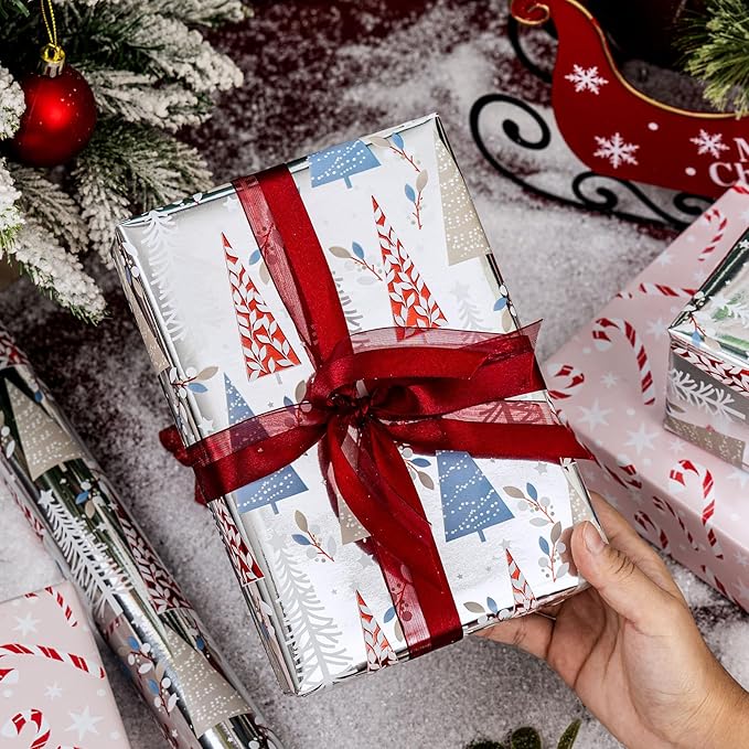 MAYPLUSS Christmas Wrapping Paper Roll - 17IN X 33FT - Silver Gift Wrapping Paper Featuring Triangle Christmas Tree Against Silver Reversible Candy Cane for Kids, Holiday, New Year