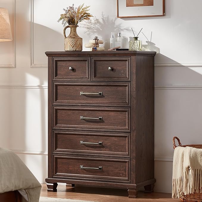 Farmhouse 6 Drawer Dresser for Bedroom, 45 Inch Tall Vintage Wood Chest of Drawers, Mid-Century Dressers w/Square Wooden Legs, Rustic Storage Organizer for Living Room, Hallway, Walnut