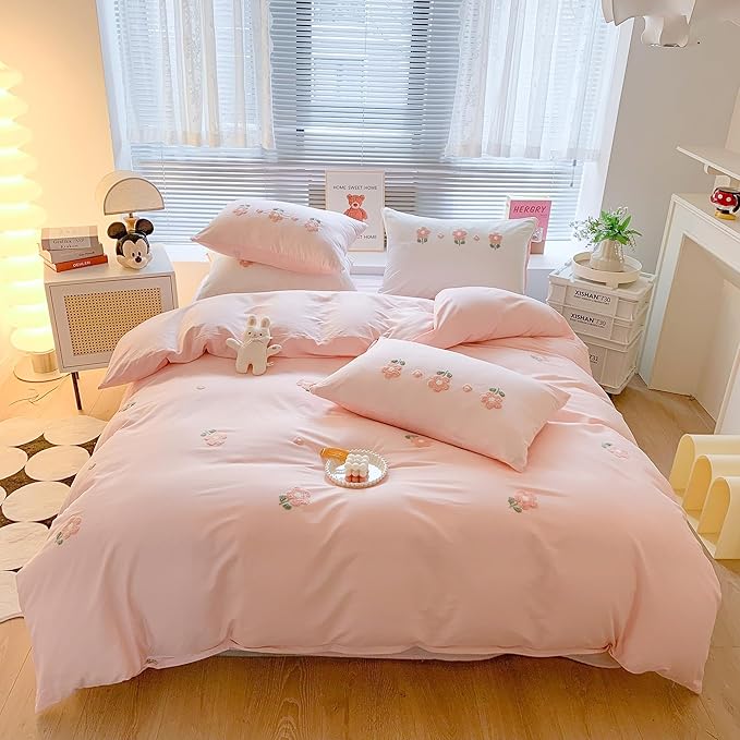 MorroMorn Twin Duvet Cover Cotton, 3D Embroidery Twin Bedding Sets Pink Bed Set, Fluffy Chenille Embroidered Comforter Covers Soft Sweat-Absorbing for Girls Kids Teen (Flowers Pink, Twin/Twin XL)