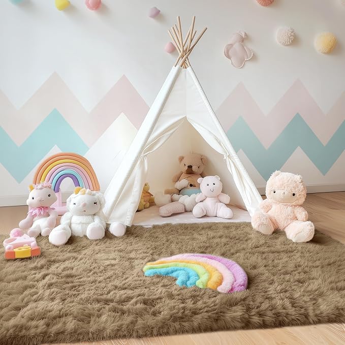 OLANLY Area Rugs for Living Room Bedroom, Machine Washable 4x5.9 ft Soft Fluffy Shaggy Bedside Rug, Indoor Floor Carpet for Kids Girls and Boys, Dorms, Nursery Rooms, Home Decor Aesthetic, Taupe