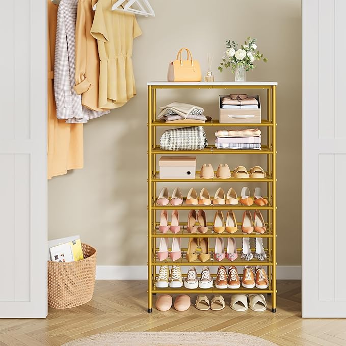 Tajsoon 8 Tier Shoe Rack Organizer for 28-32 Pairs of Shoes, Metal Mesh Shoe Shelf for Closet, Industrial Shoe Rack for Entryway Shoe Storage with X Shape Fixed Frame, White & Gold