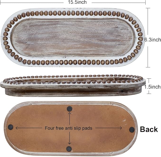 Wood Serving Tray, Wooden Bead Decorative Tray, White Washed Coffee Table Tray for Ottoman, Rustic Distressed Decor for Home, Kitchen, Farmhouse (Natural Wood)