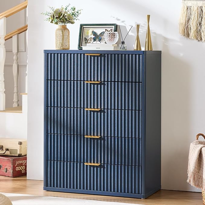 Fluted 5 Drawers Dresser for Bedroom, 41" Tall Modern Chest of Drawers with Metal Handle,Navy Blue Wood Drawer Organizer for Bedroom, Living Room, Hallway, Entryway