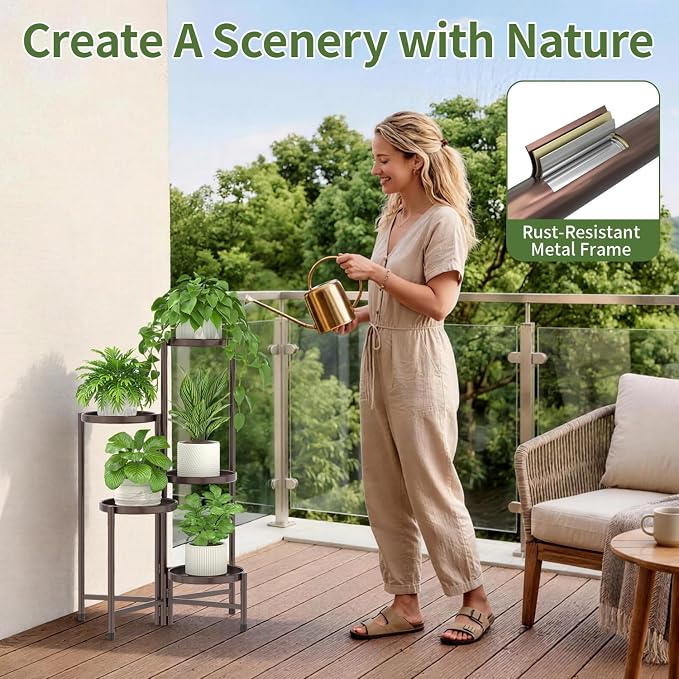 LASZOLA 5 Tier Large Plant Stand Indoor Tall with 10 Inch Metal Tray, Corner Folding Flower Display Rack, Modern Plant Holder Shelf for Outdoor Patio Porch Garden Office Living Room, Bronze