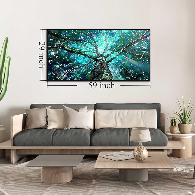 Tree Canvas Wall Art for Office - Green Picture Decor - Black Framed Wall Art Living Room Size 29" x 59"