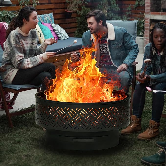 OutVue 32" Wood Burning Fire Pits with Grill & Lid, Fire Pit Table for Outside with Waterproof Cover & Fire Poker, Outdoor Firepit with Functions for BBQ,Table and Bonfire