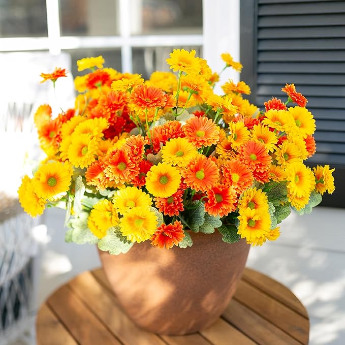 HyeFlora Dahlia Artificial Winter Flowers for Outdoors Christmas Decoration, 6 Bundles Fake Daisy Faux Plants Realistic UV Resistant Silk Flowers for Outside Planter Yard Garden Home, Orange Yellow