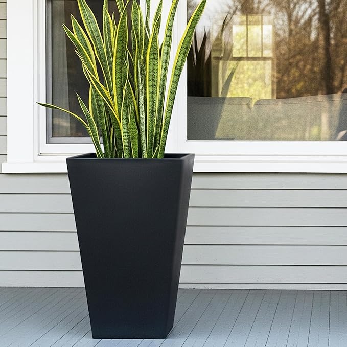 Worth Garden 20" Tall Planters Set of 2 – Large Black Tapered Plastic Flower Pots for Indoor & Outdoor Use – Modern Plant Containers with Drainage Holes – Ideal for Front Porch, Patio, Balcony