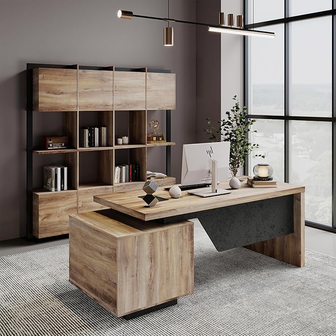 Modern Executive Desk, Rectangle Office Desk with Storage Cabinet, Width Adjustable Desks for Home Office, Business Desk Stand Under Table Storage Organizer, Mahogany