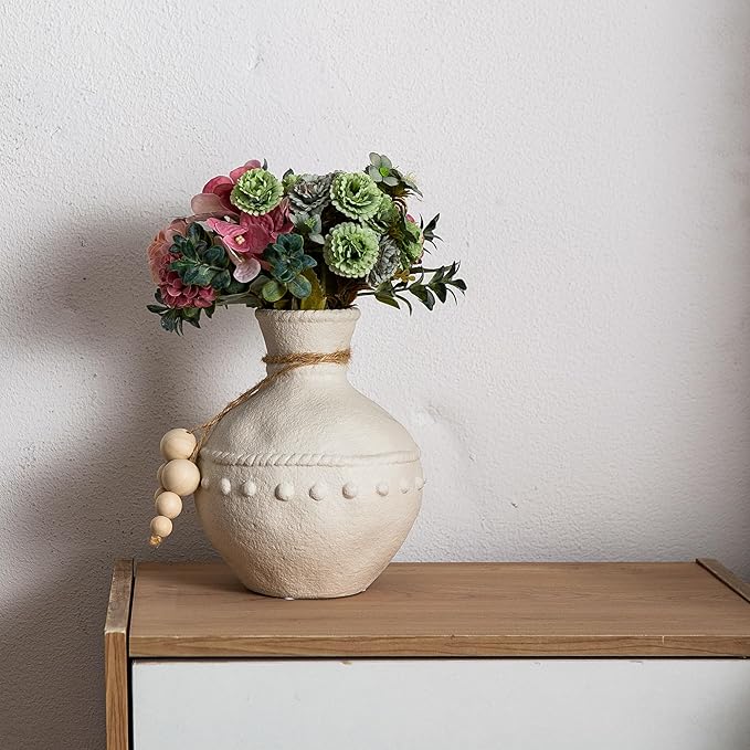 Rustic Ceramic Vase with Boho Wooden Beads, Matte Decorative Pottery for Modern Farmhouse and Bohemian Decor, Floral Arrangements, Living Room, Dining Table Centerpieces