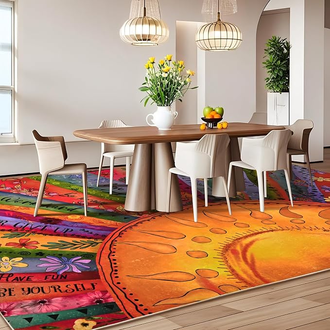 Likiyol Sun Rugs for Living Room 5x7 Area Rugs, Non Slip Washable Rugs for Bedroom Soft Faux Cashmere Inspirational Living Room Rug, Large Carpet Low Pile Rug for Dining Room, Home Office Decor