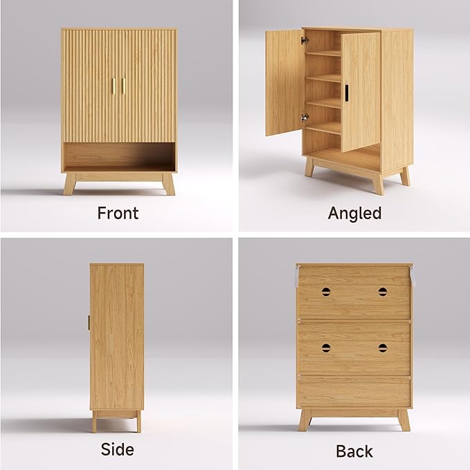 BOXACTION 4-Tier Fluted Shoe Cabinet with 2 Doors & Open Shelf, Mid Century Modern Shoe Storage Organizer with Adjustable Shelves, Metal Handles & Wood Legs, Hidden Shoe Rack for Entryway, Hallway